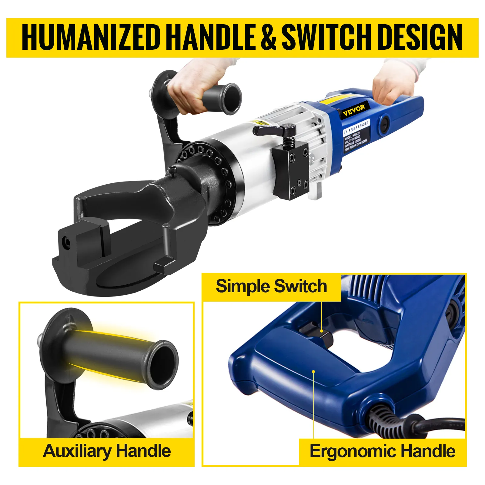 Dobladora de varillas eléctrica VEVOR con mango ergonómico, mango auxiliar e interruptor simple.