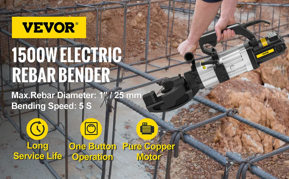 VEVOR electric rebar bender in action, 1500w power, 1" max diameter, 5s bend speed.