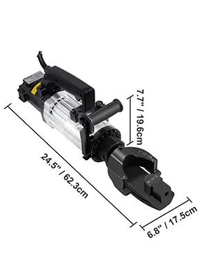 VEVOR electric rebar bender, 24.5" x 6.8", with dimensions labeled in inches and cm.