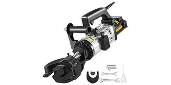 VEVOR electric rebar bender with accessories arranged on a white background.