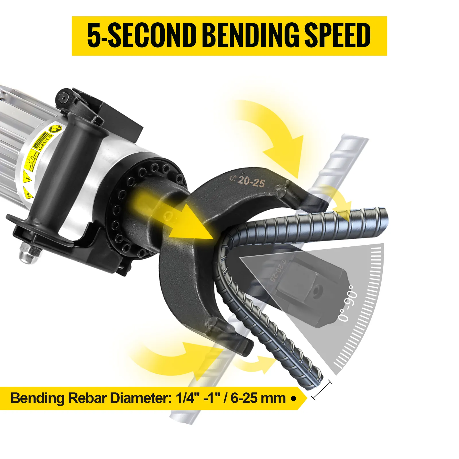 VEVOR electric rebar bender with 5-second speed and 1/4"-1" bending diameter.