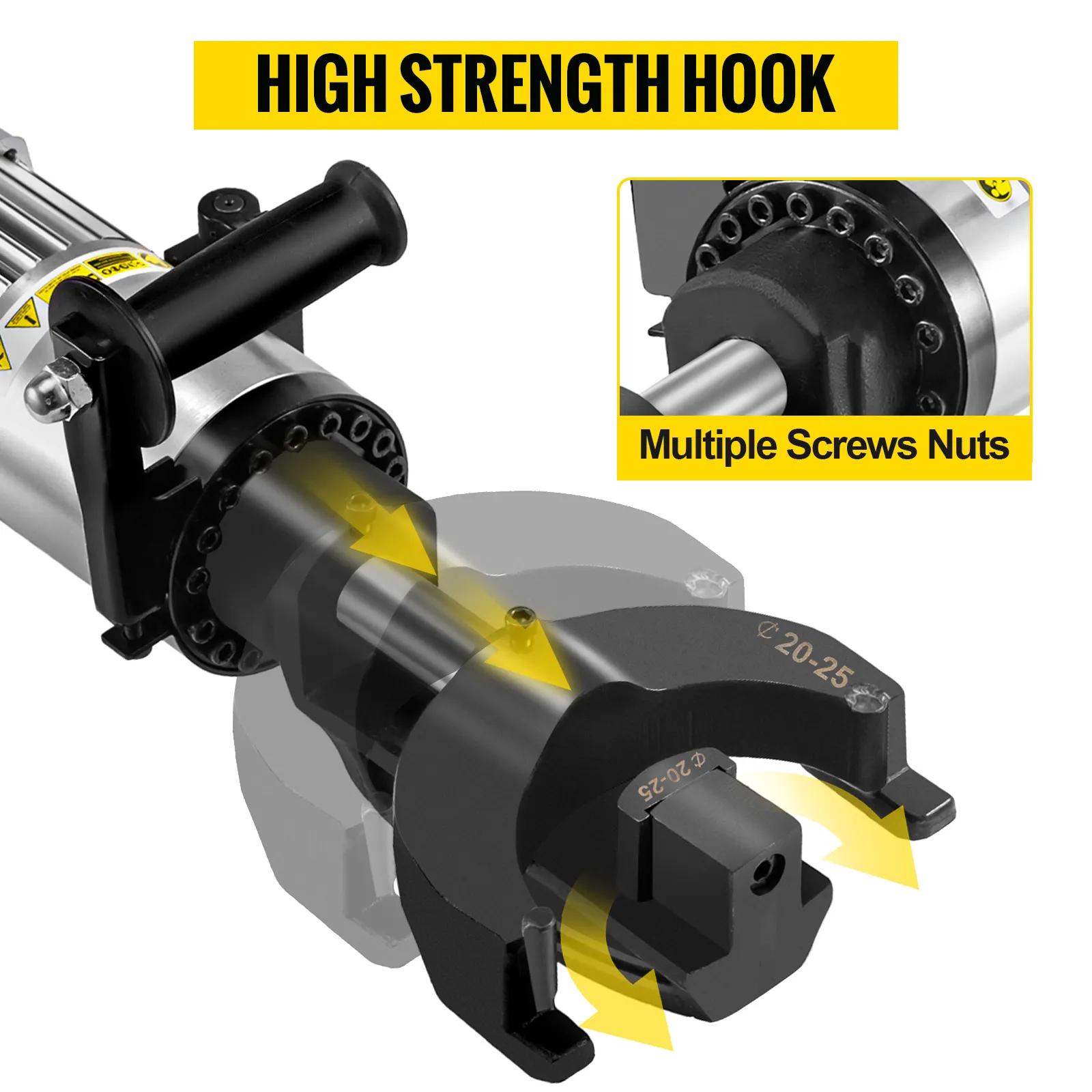 VEVOR electric rebar bender with high strength hook and multiple screws nuts.