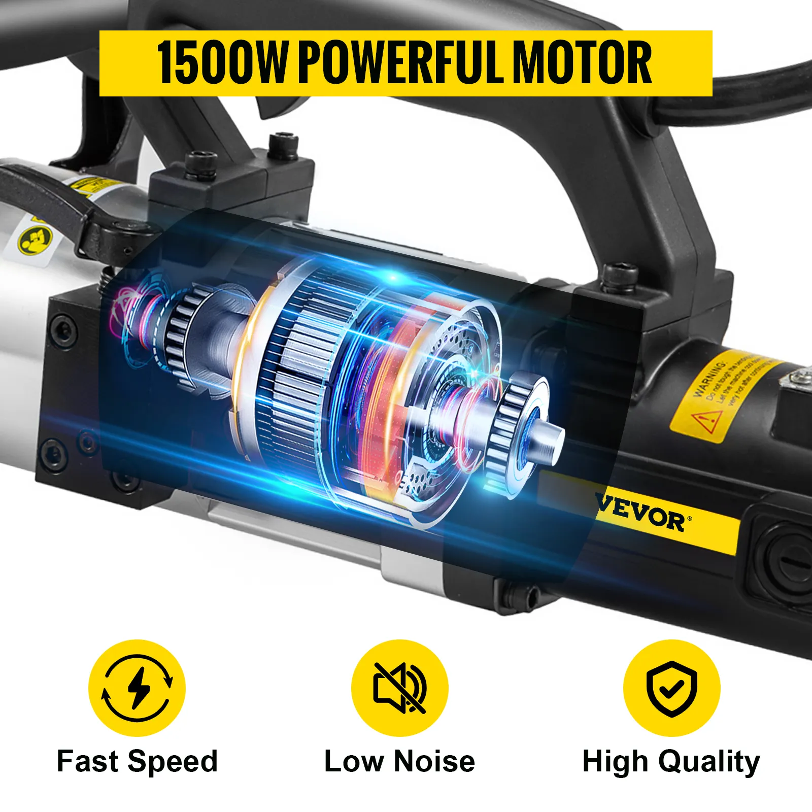 VEVOR electric rebar bender with 1500w motor, showcasing fast speed, low noise, high quality.