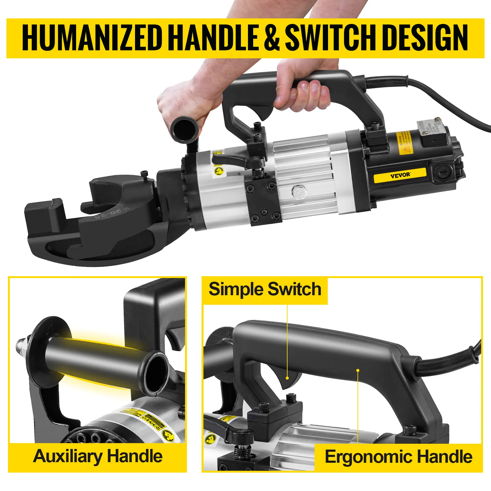 VEVOR electric rebar bender with ergonomic handle, simple switch, and auxiliary handle.
