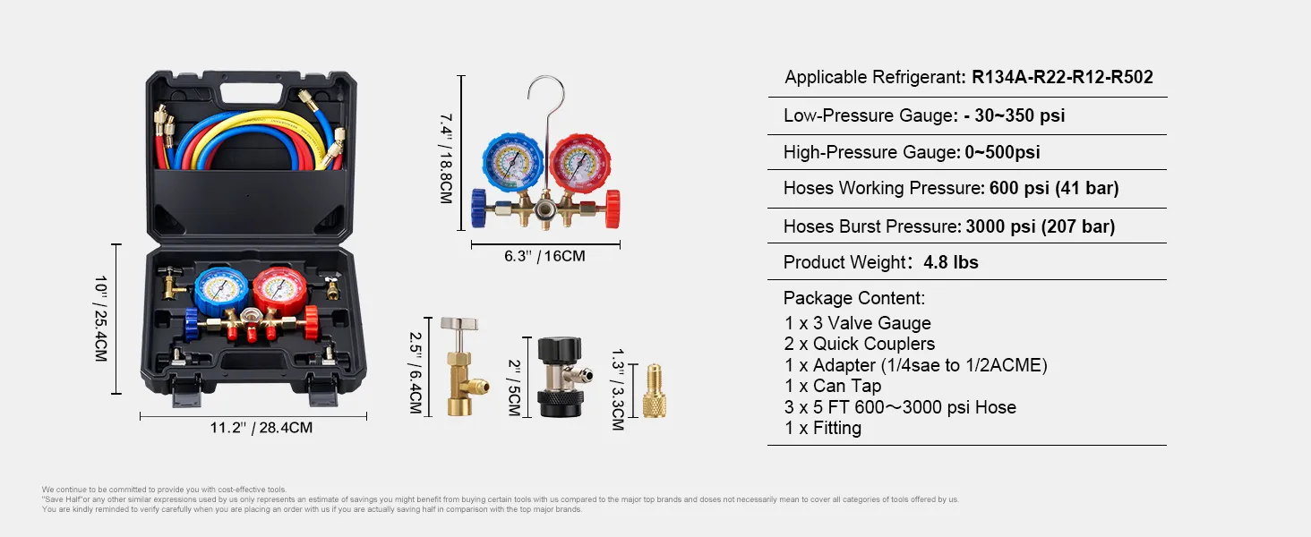 VEVOR ac gauge set with hoses, quick couplers, adapters, and a carrying case for refrigerants r134a, r22, r12, r502.