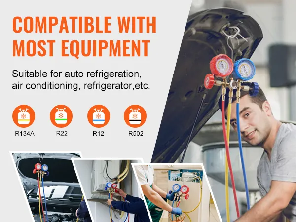 VEVOR ac gauge set for auto refrigeration, air conditioning, and refrigerator with compatibility for r134a, r22, r12, and r502.