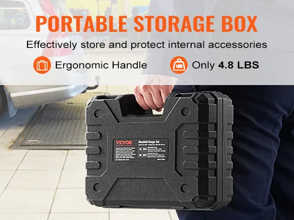 portable storage box with ergonomic handle for VEVOR ac gauge set, lightweight at only 4.8 lbs.