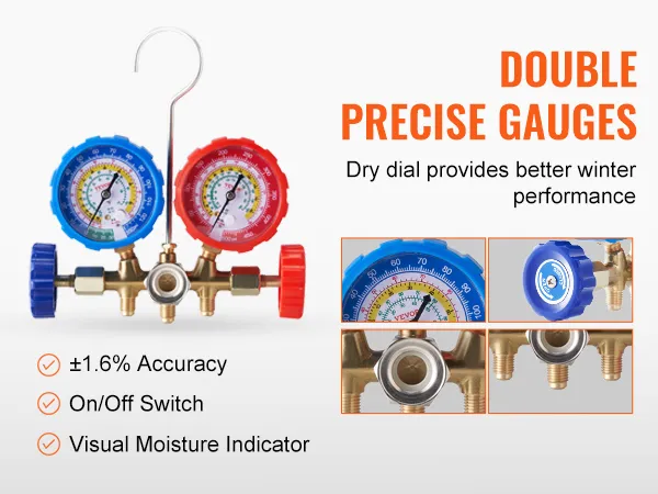 double precise VEVOR ac gauge set with blue and red dials, on/off switch, and visual moisture indicator.