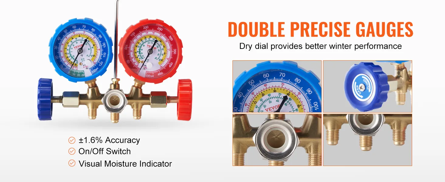 double precise VEVOR ac gauge set with blue and red dials, on/off switch, and visual moisture indicator.