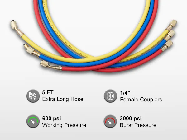 VEVOR ac gauge set with 5 ft long hoses, 1/4" female couplers, 600 psi working pressure, 3000 psi burst.