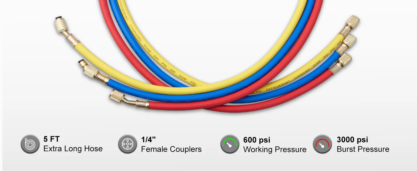 VEVOR ac gauge set with 5 ft long hoses, 1/4" female couplers, 600 psi working pressure, 3000 psi burst.