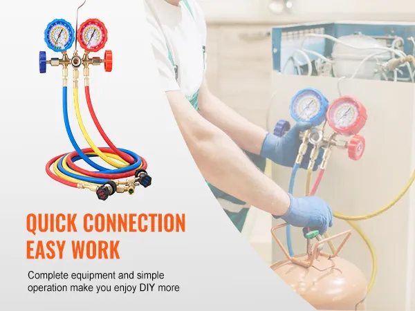 VEVOR ac gauge set with multicolored hoses for simple hvac servicing and quick connections.
