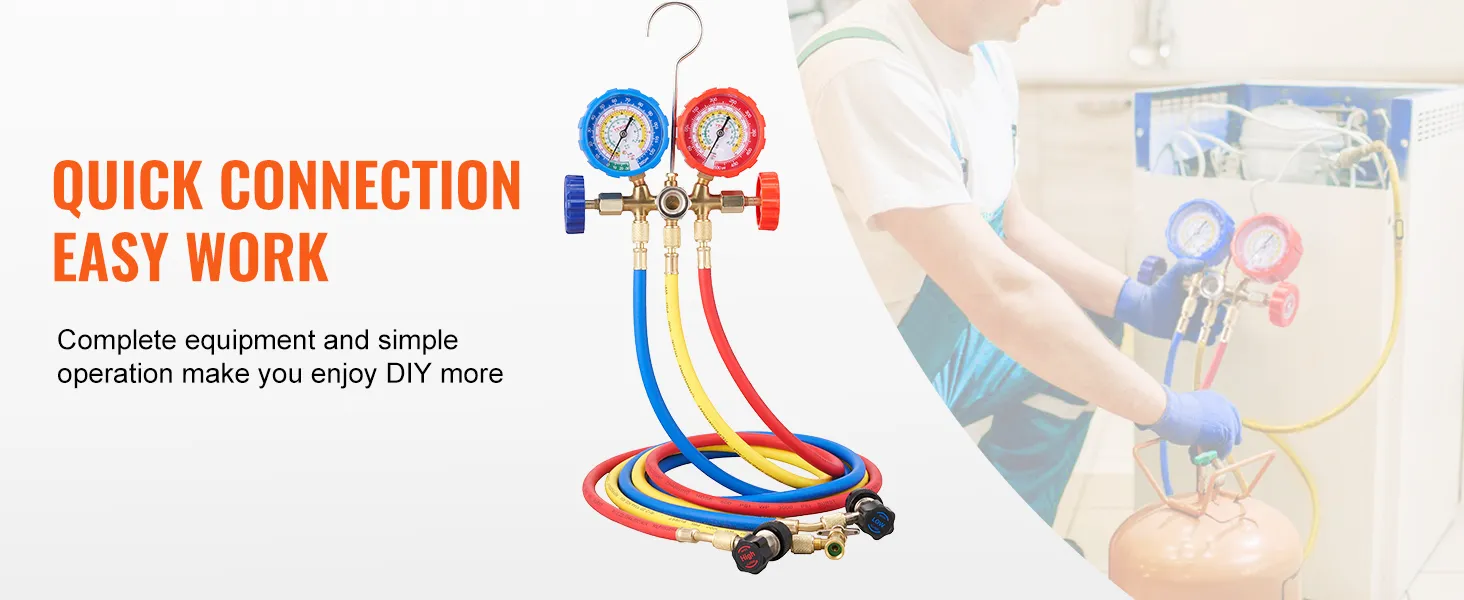 VEVOR ac gauge set with multicolored hoses for simple hvac servicing and quick connections.
