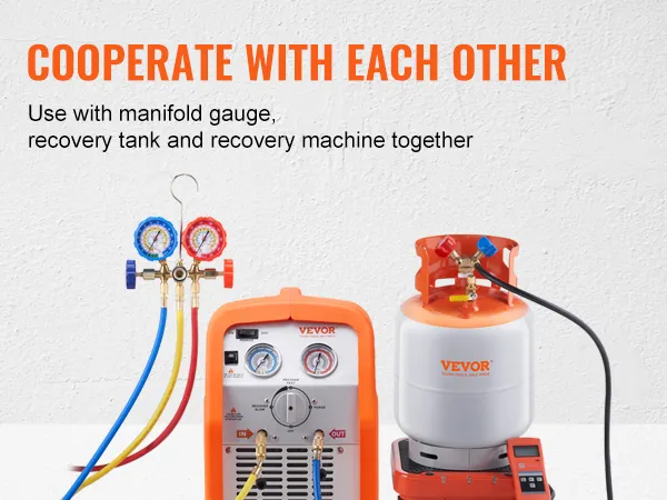 VEVOR ac gauge set with manifold gauge, recovery tank, and machine, ensuring secure, fast, and effective use.