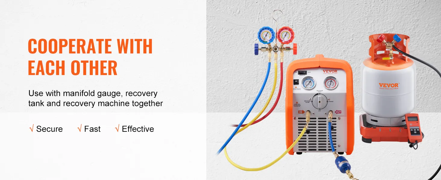 VEVOR ac gauge set with manifold gauge, recovery tank, and machine, ensuring secure, fast, and effective use.