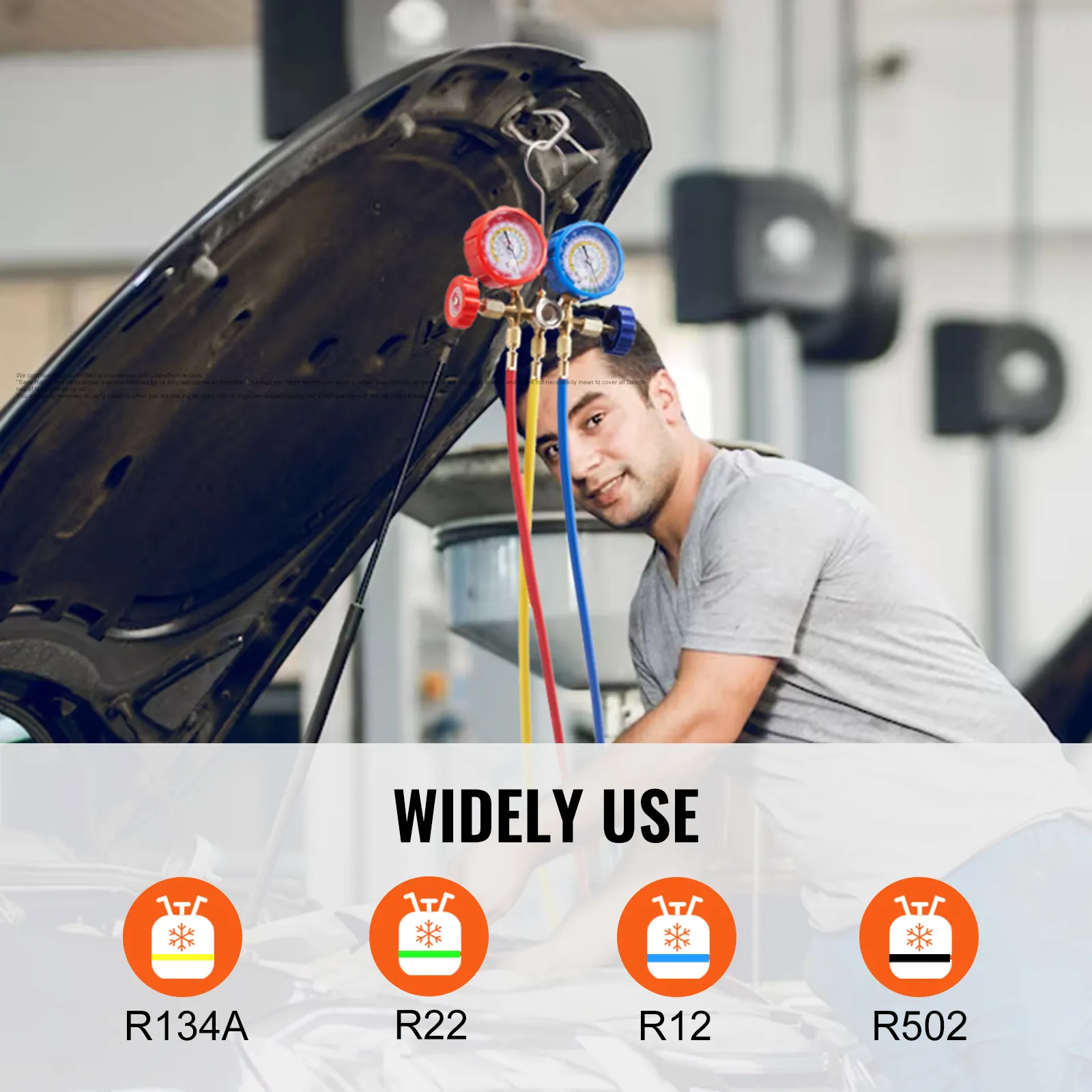 mechanic using VEVOR ac gauge set to service a vehicle with open hood; compatible with r134a, r22, r12, r502.