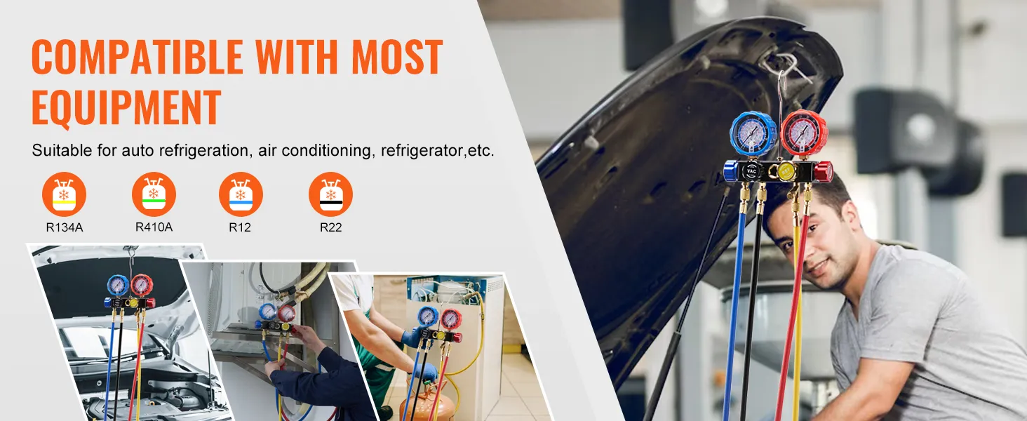 Juego de manómetros de colector de CA VEVOR compatible con R134A, R410A, R12 y R22 para refrigeración y reparación de CA