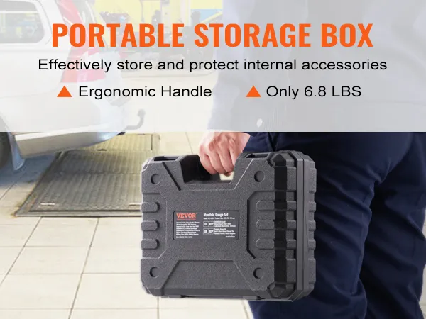 Juego de manómetros de colector de CA VEVOR en caja de almacenamiento portátil con mango ergonómico, que pesa solo 6,8 libras.
