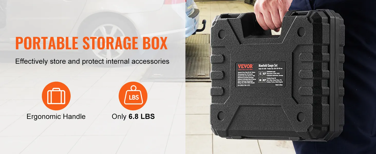 Juego de manómetros de colector de CA VEVOR en caja de almacenamiento portátil con mango ergonómico, que pesa solo 6,8 libras.