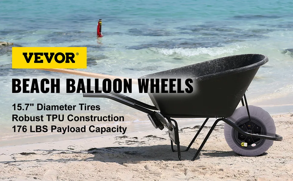 Ruedas de globo de playa VEVOR en una carretilla con neumáticos de 15,7" de diámetro junto al océano.