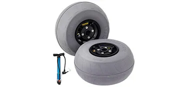 two VEVOR beach balloon wheels with a blue air pump in the background.