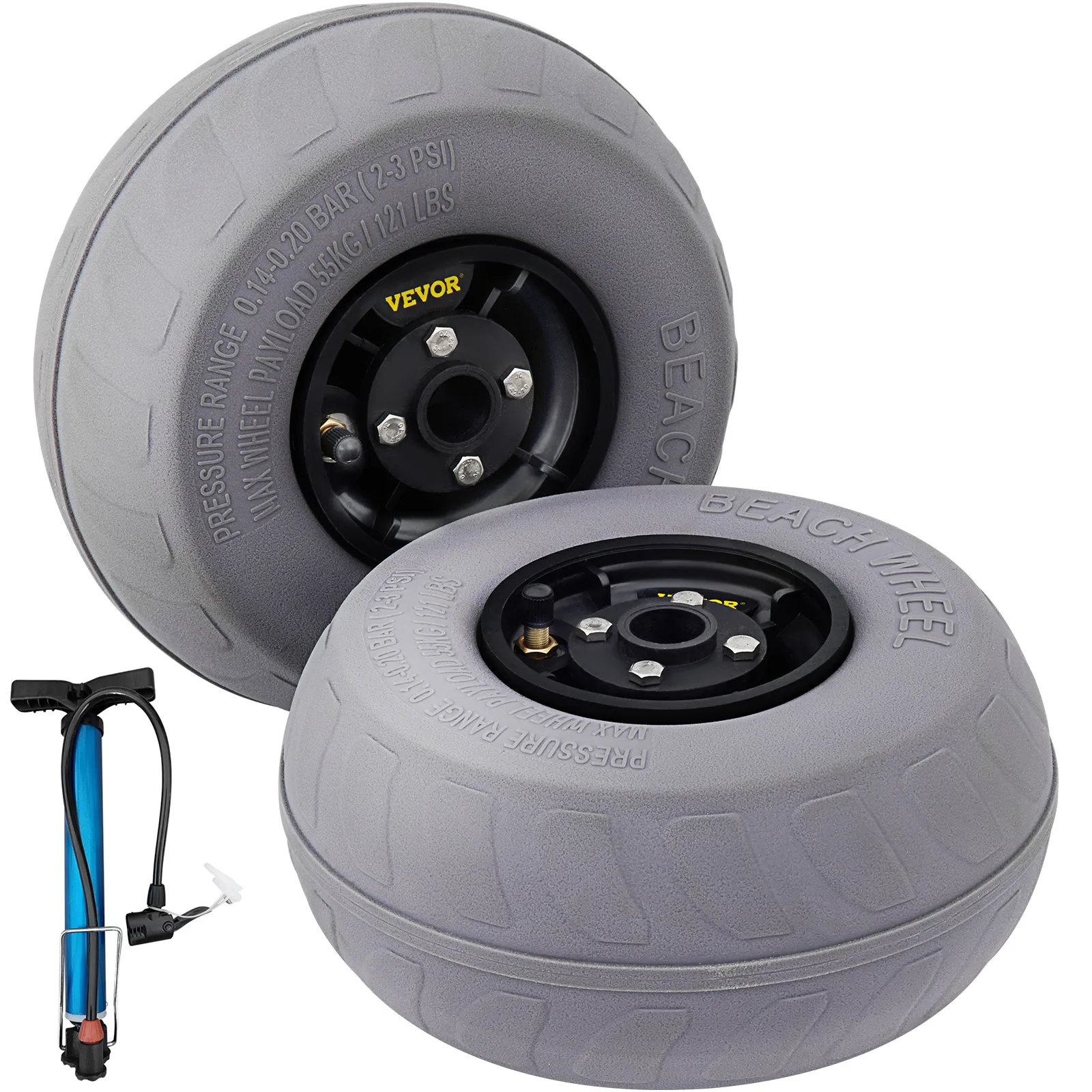 VEVOR beach balloon wheels with hand pump, showcasing durable treads and metallic hubs.