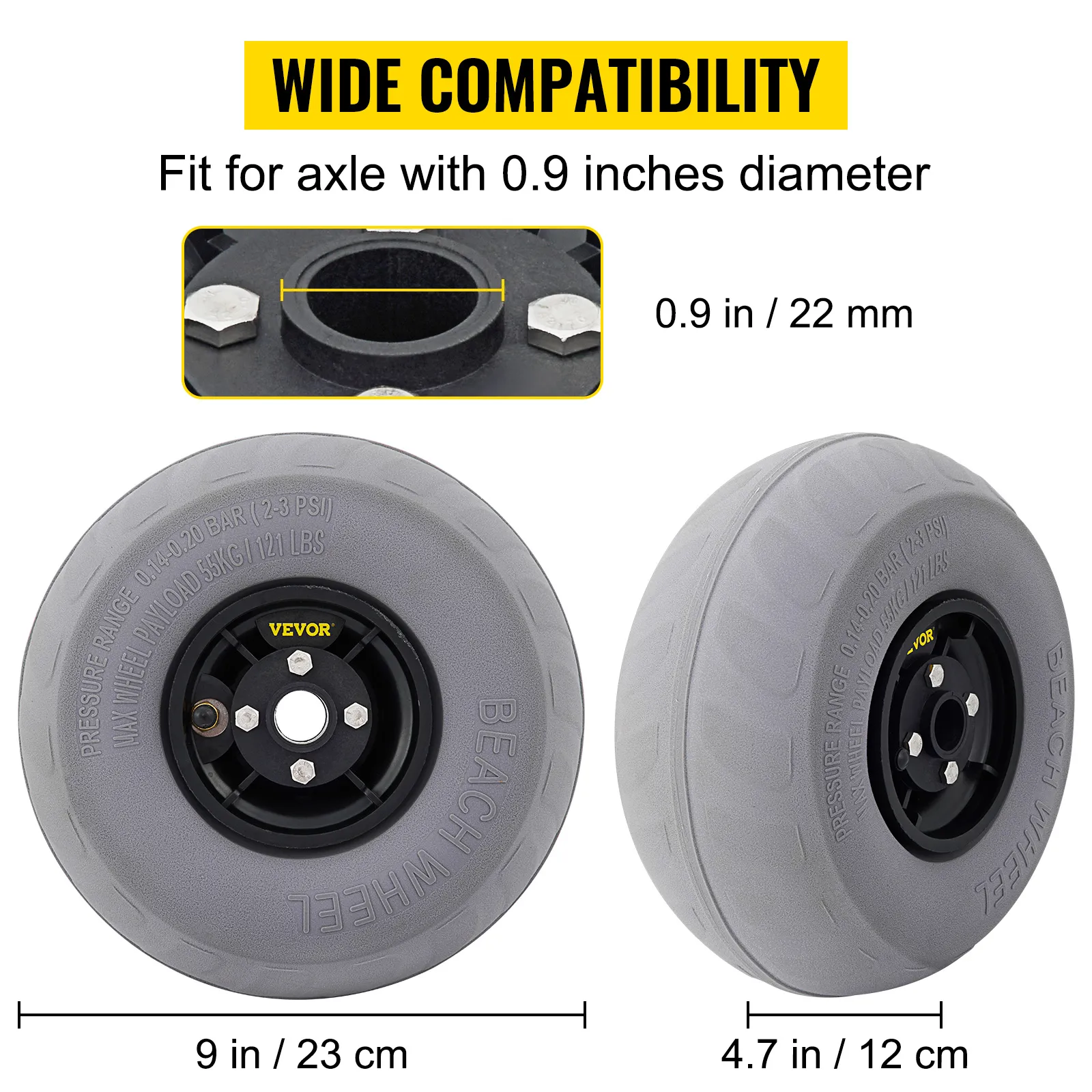 VEVOR beach balloon wheels, 9-inch diameter, 4.7-inch width, axle diameter 0.9 inches. wide compatibility.