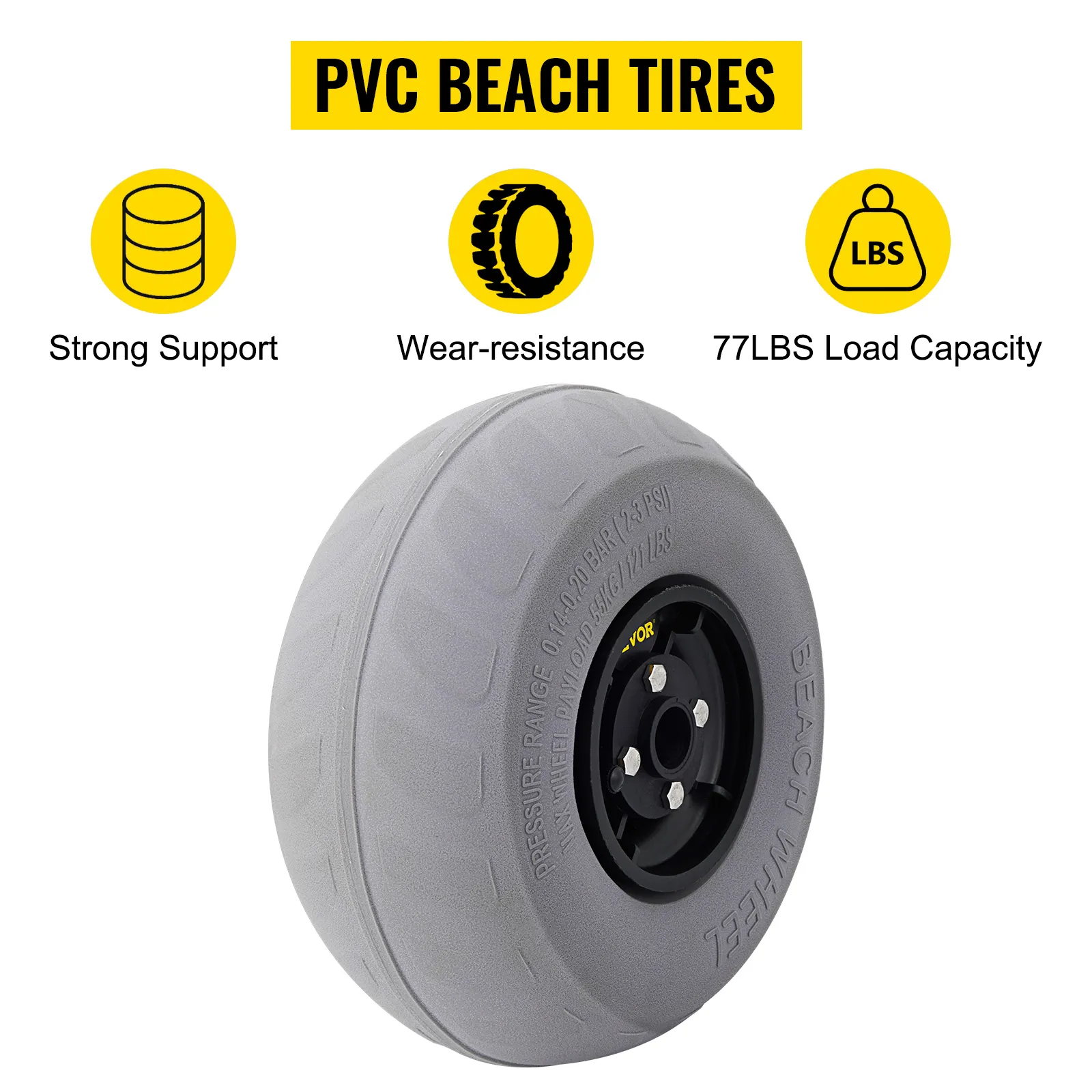 pvc beach tires with strong support, wear-resistance, and 77lbs load capacity showing VEVOR beach balloon wheels.
