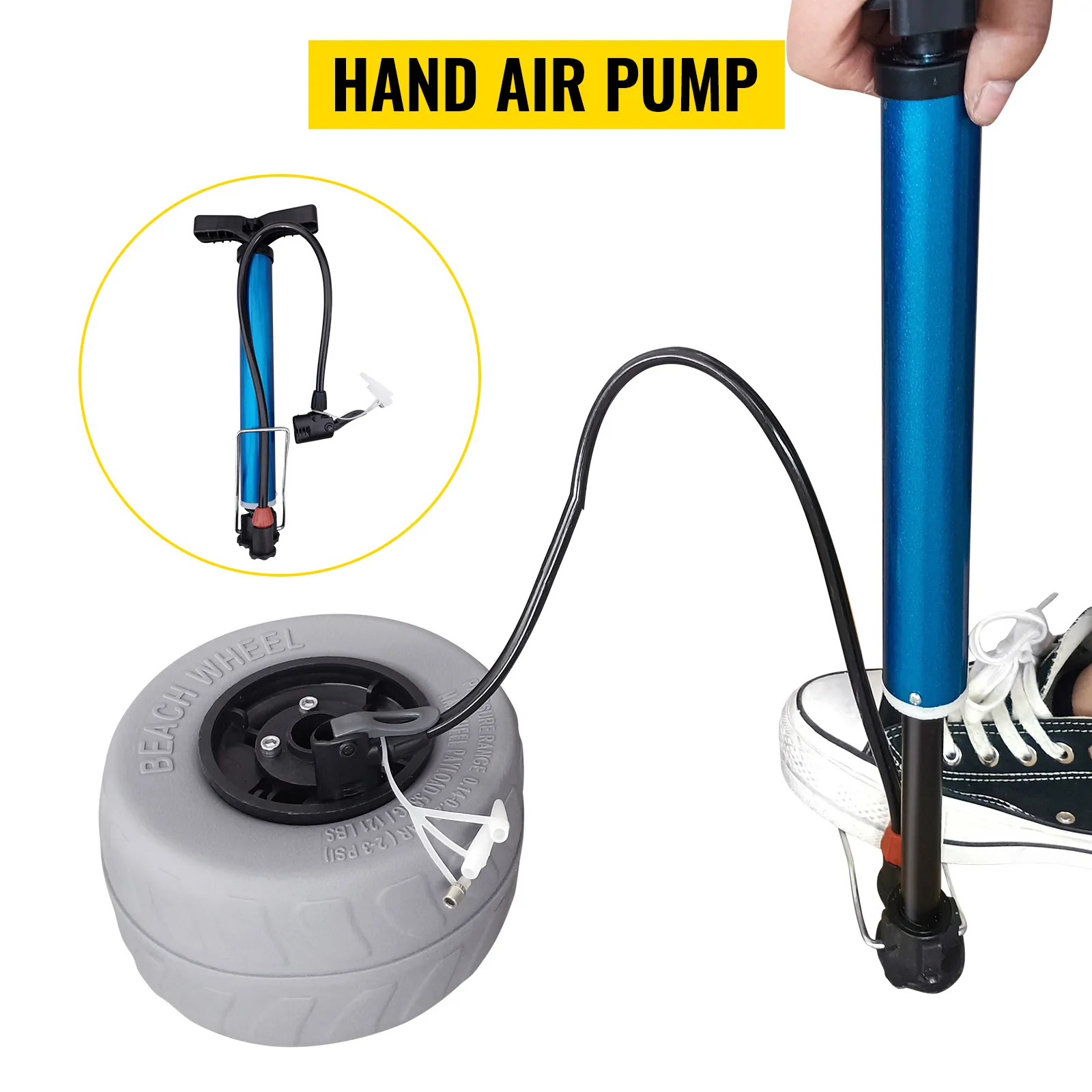 hand air pump inflating VEVOR beach balloon wheels, highlighting blue pump and grey wheel.