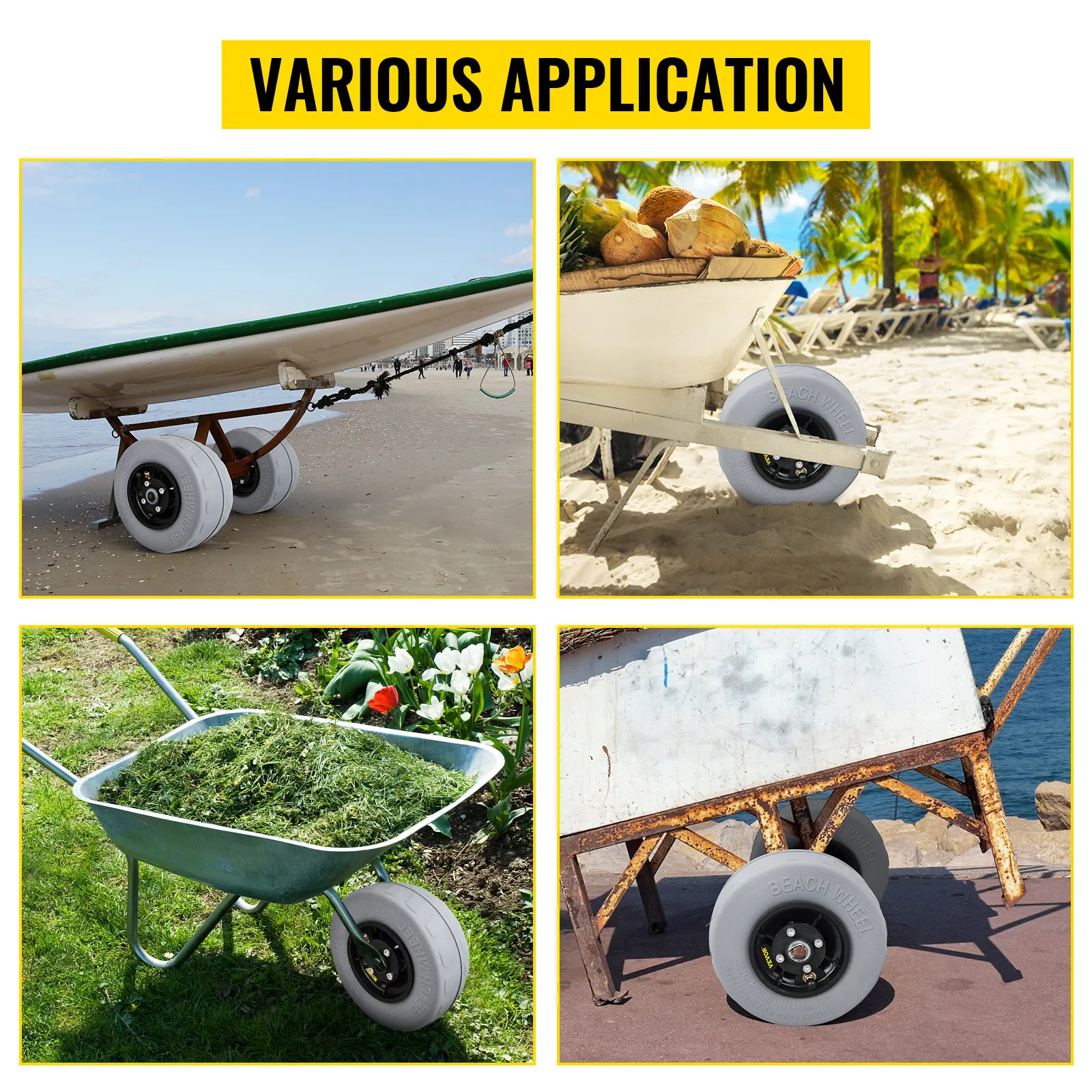 VEVOR beach balloon wheels on a boat, cart, wheelbarrow, and trailer in various outdoor settings.