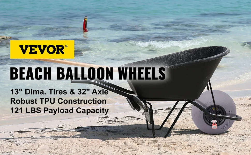 VEVOR beach balloon wheels for sand with 13" tires, 32" axle, 121 lbs payload capacity.