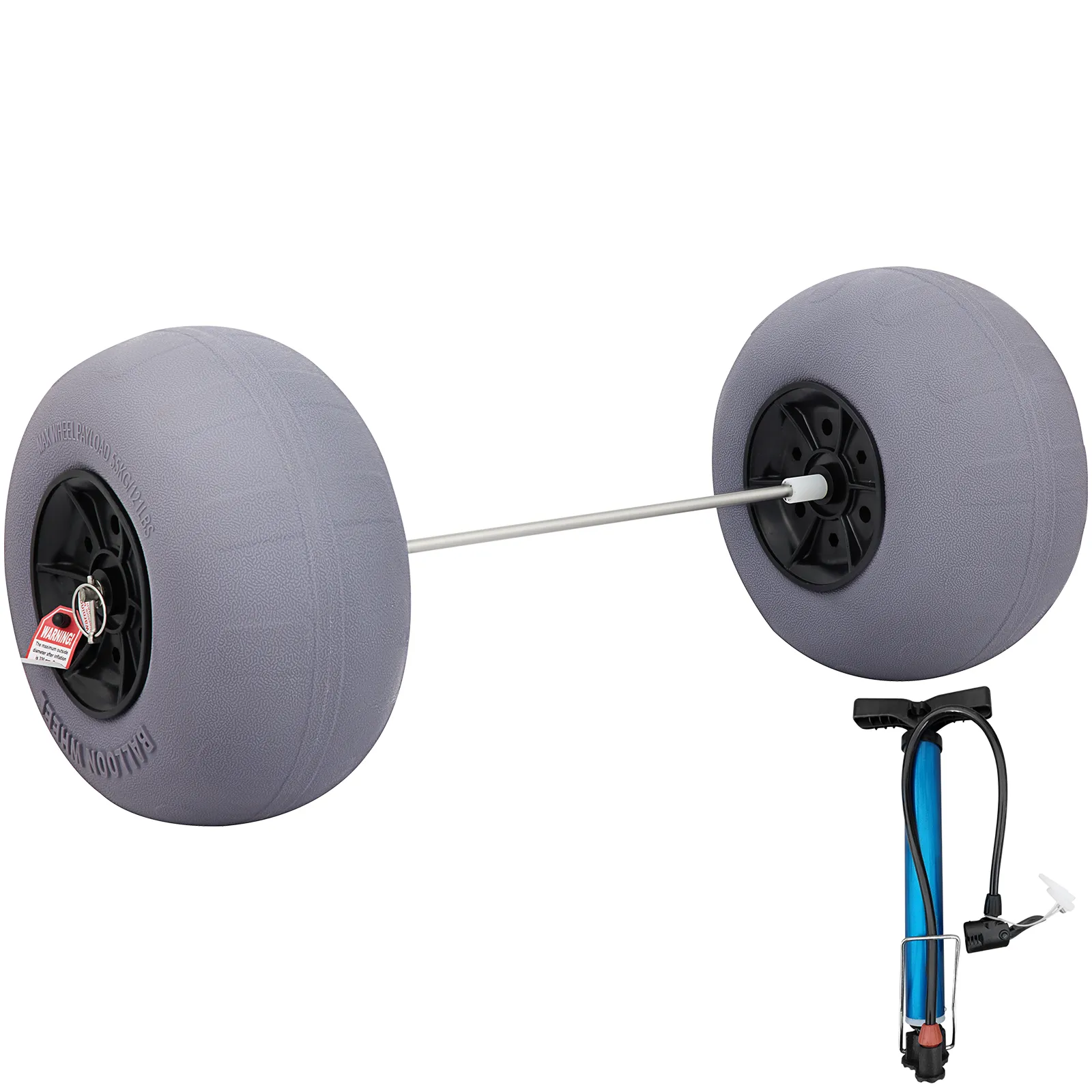 VEVOR beach balloon wheels, set of two with black hubs and included blue hand pump.