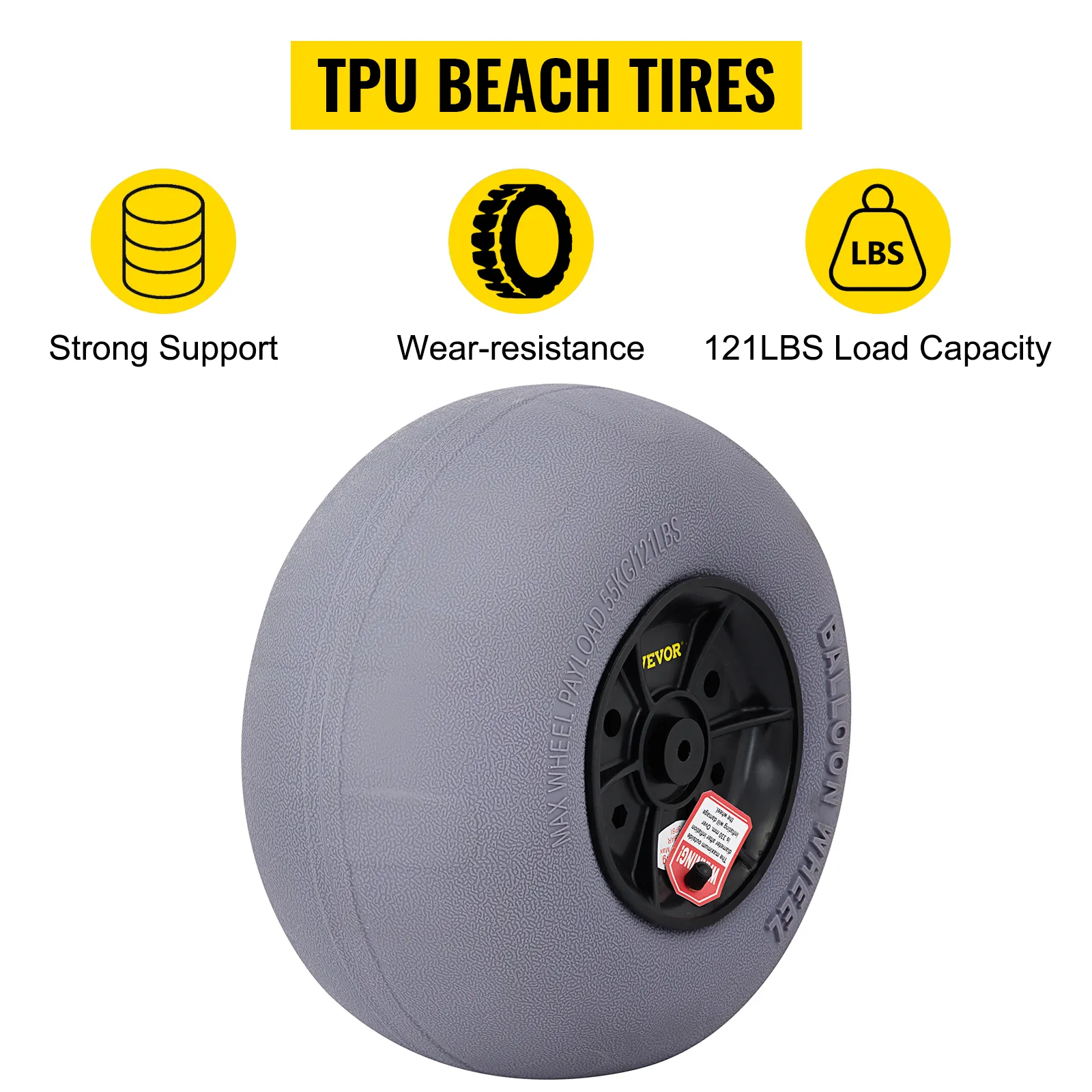 VEVOR beach balloon wheels with 121 lbs load capacity, tpu material, and strong wear-resistance.