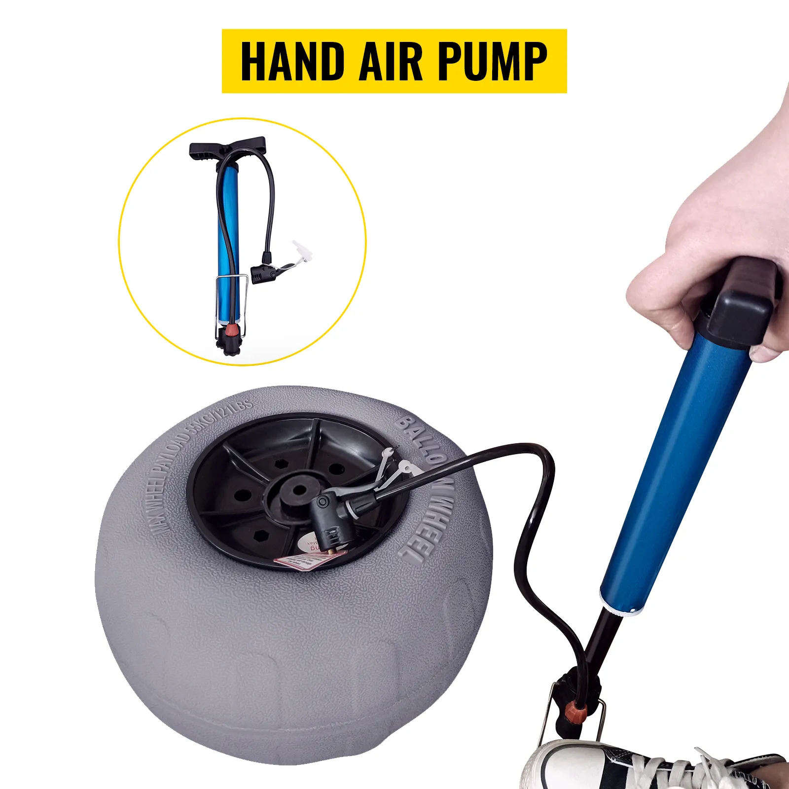 hand air pump inflating a VEVOR beach balloon wheel with a black tire and blue handle.