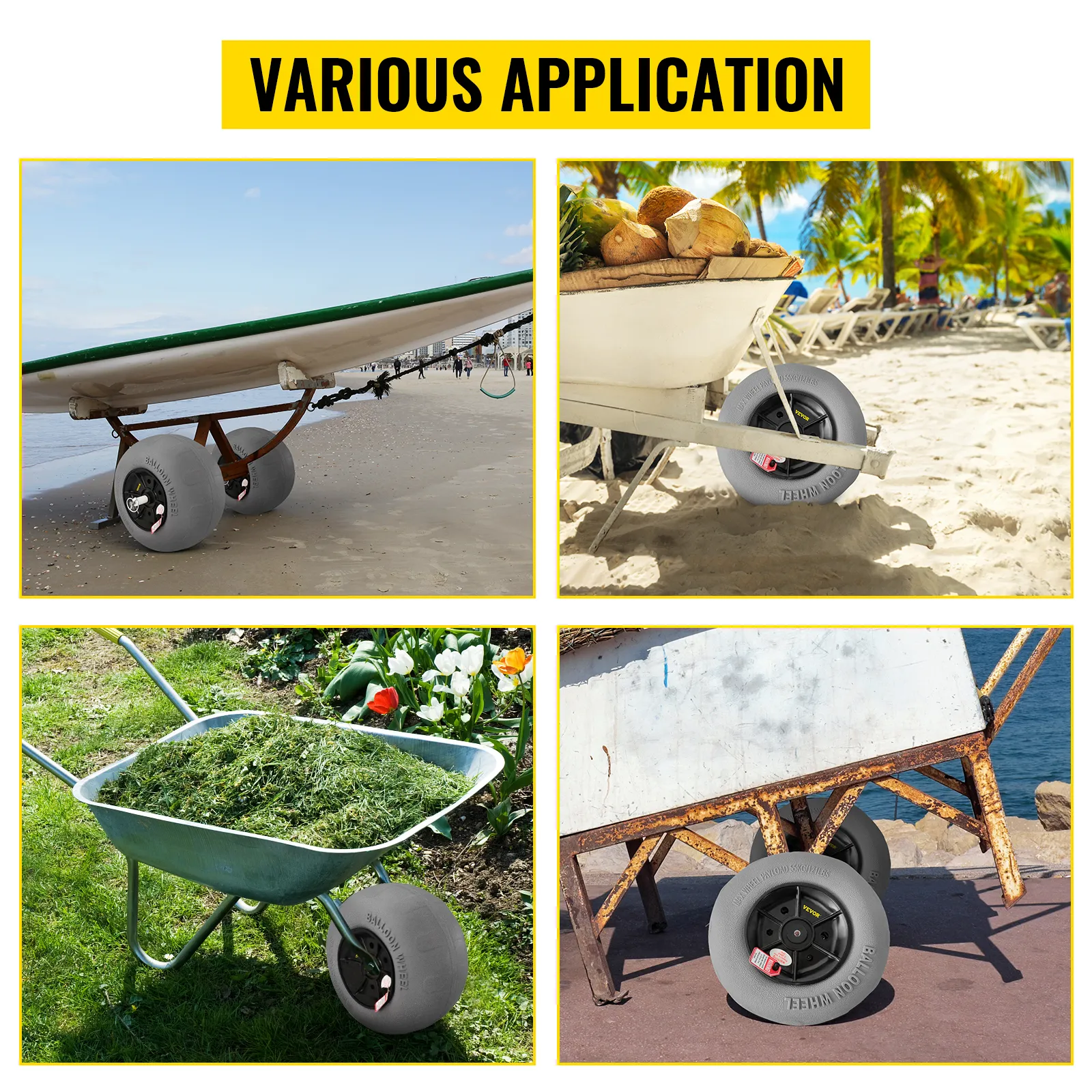 VEVOR beach balloon wheels for carts, boats, and wheelbarrows on sand and grass in various settings.