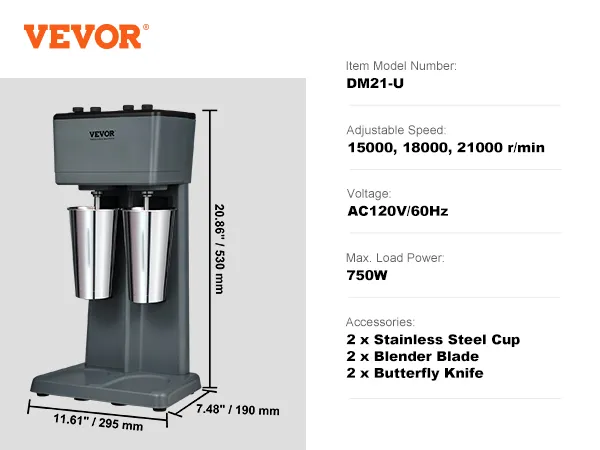 Máquina para hacer batidos VEVOR dm21-u con dos vasos de acero inoxidable, 750 W, CA 120 V/60 Hz, opciones de velocidad ajustables.