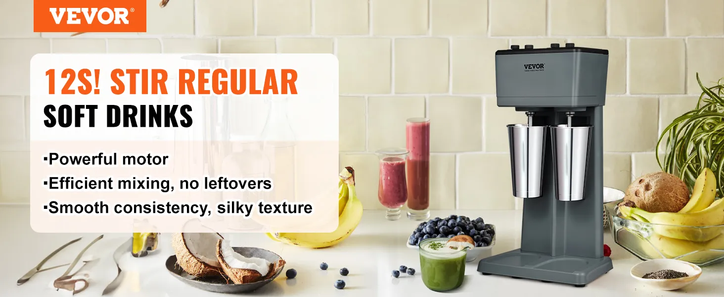 Máquina para hacer batidos VEVOR en la cocina con frutas y bebidas, que promueve un motor potente y una mezcla eficiente.