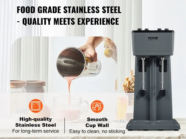 Máquina para hacer batidos VEVOR con acero inoxidable de grado alimenticio y pared de taza lisa para una fácil limpieza.