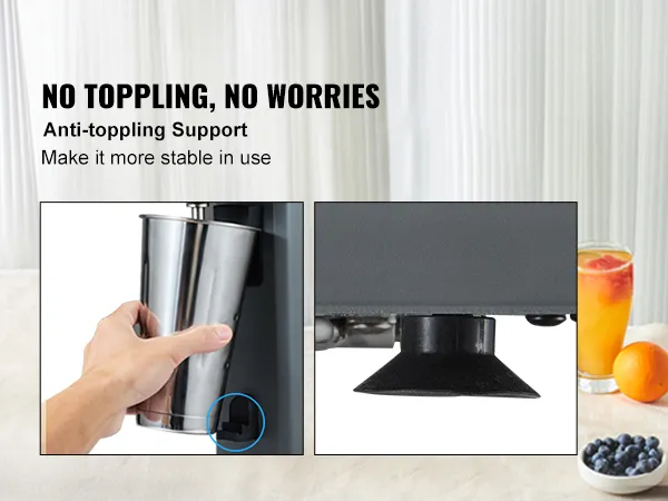 Máquina para preparar batidos VEVOR con soporte antivuelco para una mayor estabilidad; taza de acero inoxidable con inserción manual.