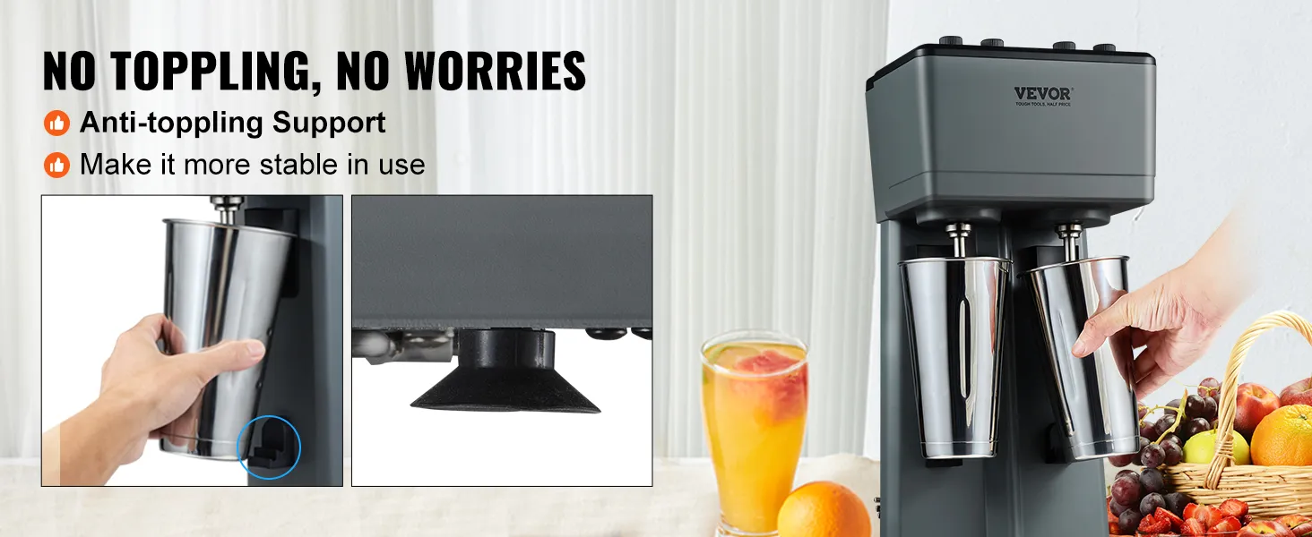Máquina para preparar batidos VEVOR con soporte antivuelco para una mayor estabilidad; taza de acero inoxidable con inserción manual.