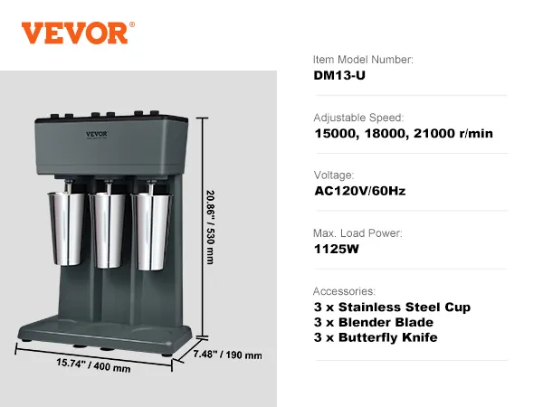 Batidora VEVOR, modelo dm13-u, con tres vasos de acero inoxidable y velocidades regulables hasta 21000 r/min.