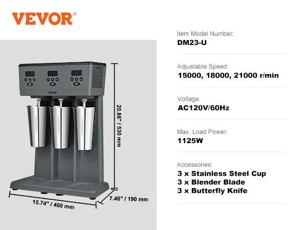 VEVOR milkshake maker, model dm23-u, with 3 stainless steel cups and adjustable speed options.