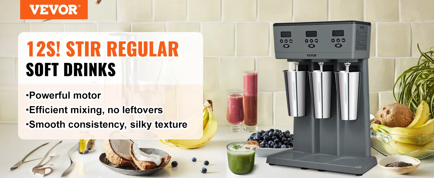 VEVOR milkshake maker with powerful motor for 12-second stirring, efficient mixing, and smooth consistency.