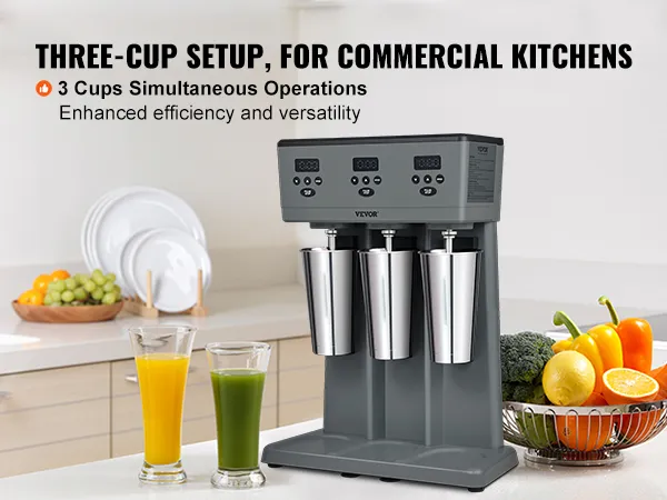 VEVOR milkshake maker - three-cup commercial setup for enhanced efficiency and versatility in kitchens.