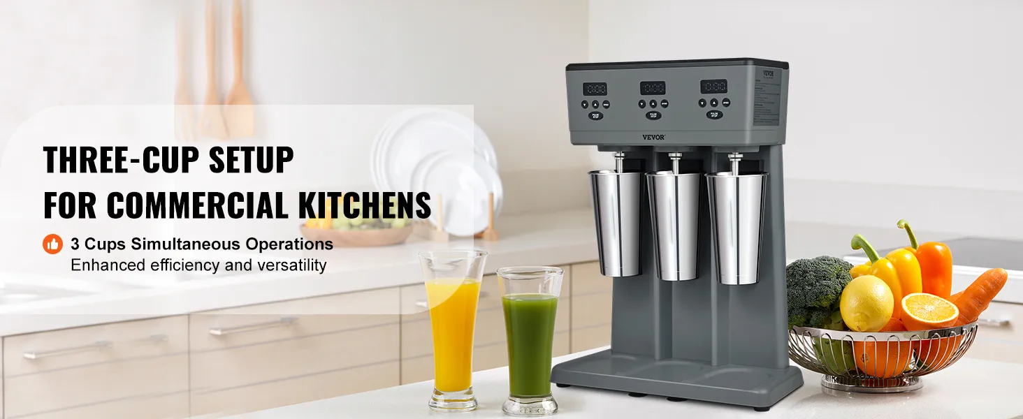 VEVOR milkshake maker - three-cup commercial setup for enhanced efficiency and versatility in kitchens.