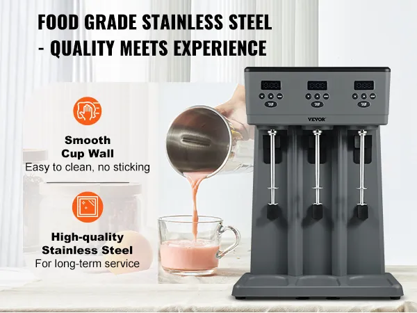 VEVOR milkshake maker with food grade stainless steel and smooth cup walls for easy cleaning.