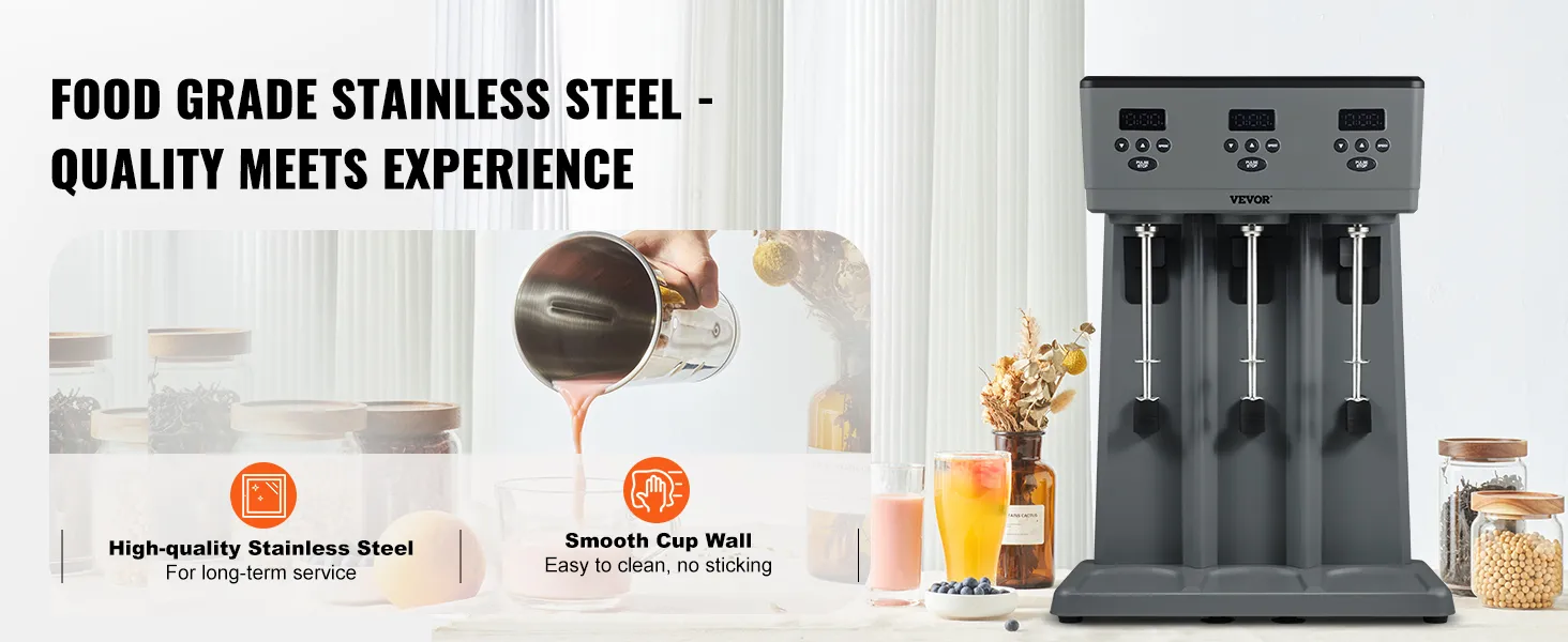 VEVOR milkshake maker with food grade stainless steel and smooth cup walls for easy cleaning.