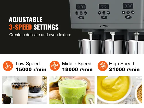 VEVOR milkshake maker with adjustable 3-speed settings; low: 15000 r/min, middle: 18000 r/min, high: 21000 r/min.