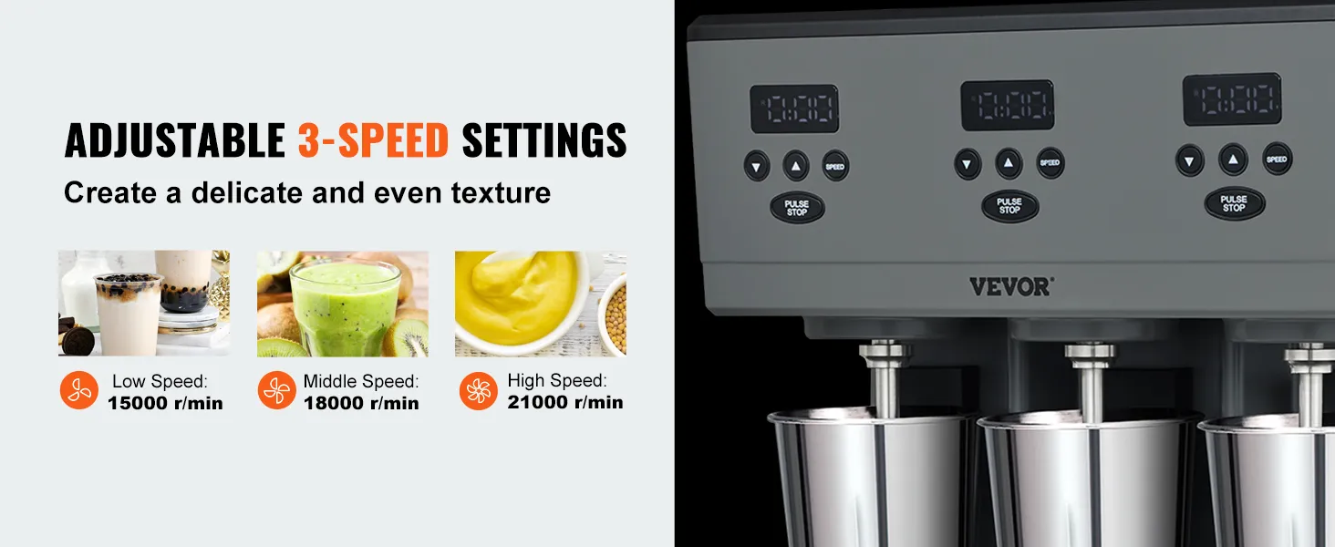VEVOR milkshake maker with adjustable 3-speed settings; low: 15000 r/min, middle: 18000 r/min, high: 21000 r/min.