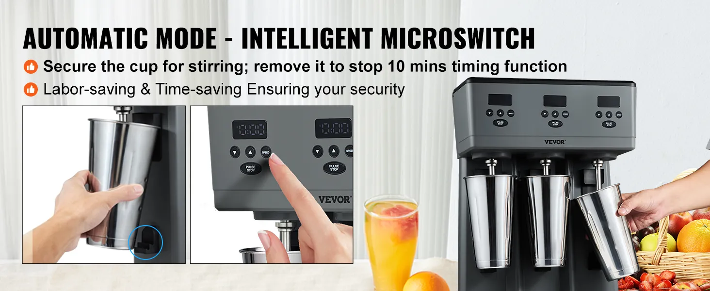 VEVOR milkshake maker with three stainless steel cups, automatic mode, and intelligent microswitch.